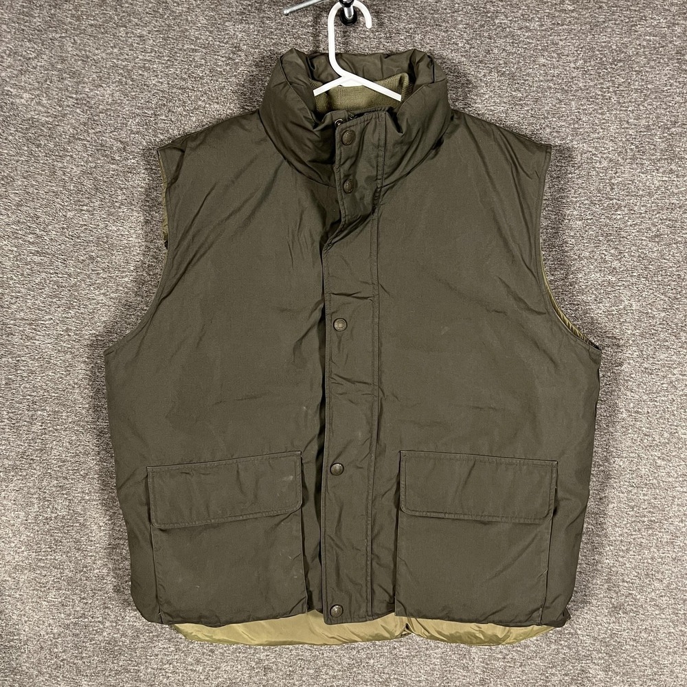 Cabelas Vest Mens XLT Green Goose Down Puffer Snap Front Outdoor Hunting Canvas